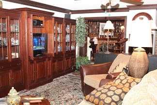 A cozy living room featuring wooden furniture, a TV, and decorative plant elements.